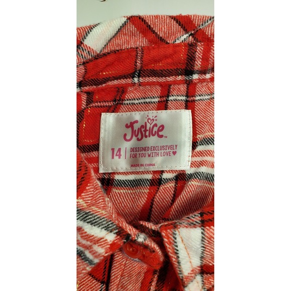 Justice‎ Red Plaid Sparkle Flannel Shirt Kids Size 14 Embellished Pocket - Picture 2 of 8